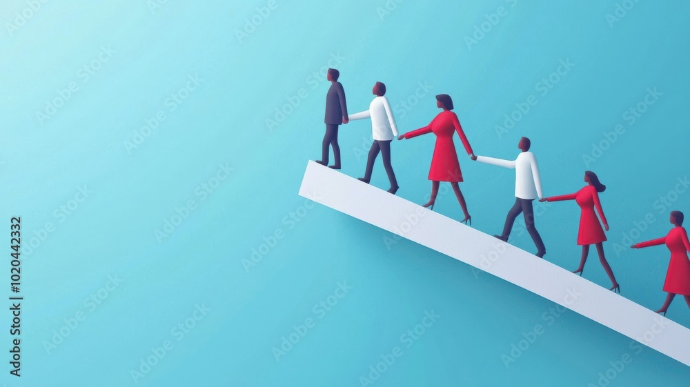 A group of diverse individuals walking on a slanted pathway, symbolizing teamwork and progress toward a common goal. A group of diverse individuals walking on a slanted pathway, symbolizing teamwork and progress toward a common goal.