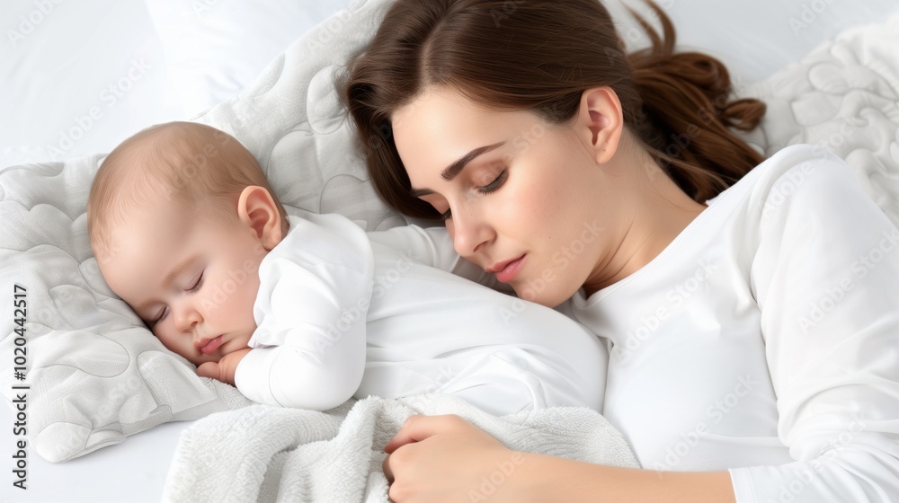 Mother and baby peacefully sleeping together in cozy surroundings. Mother and baby peacefully sleeping together in cozy surroundings.