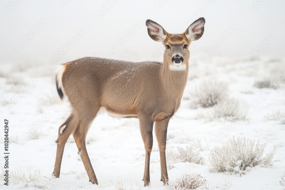 Snowy whitetail deer stands in a forest during winter Snowy whitetail deer stands in a forest during winter