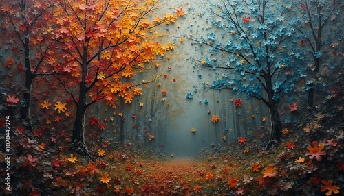 3D Painting of Colorful Trees with Orange and Blue Leaves by Tranquil Water