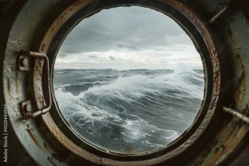 Churning ocean waves framed by a submarine porthole create a dramatic view of the sea's power and mystery, capturing the essence of underwater exploration. Churning ocean waves framed by a submarine porthole create a dramatic view of the sea's power and mystery, capturing the essence of underwater exploration.