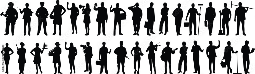 Group of working people diversity, diverse business men and women avatar icons with various occupations professions standing together in row vector flat black silhouettes set collection. Group of working people diversity, diverse business men and women avatar icons with various occupations professions standing together in row vector flat black silhouettes set collection.