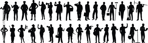 Group of working people diversity, diverse business men and women avatar icons with various occupations professions standing together in row vector flat black silhouettes set collection.