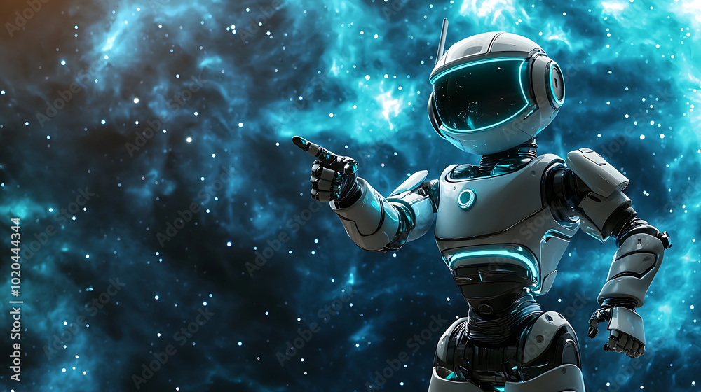 A cute, futuristic robot with glowing blue eyes and a shiny metallic body pointing towards a starry space background A cute, futuristic robot with glowing blue eyes and a shiny metallic body pointing towards a starry space background
