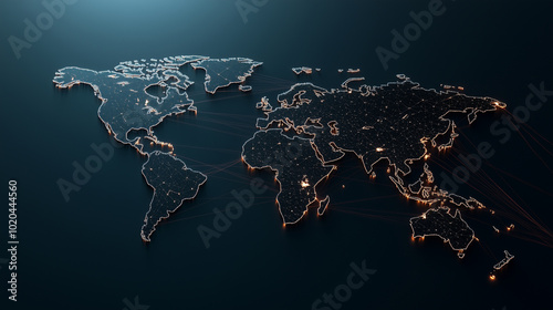 Fototapeta Naklejka Na Ścianę i Meble -  A dynamic map of the world with a minimalist geometric design, where each country is made of sharp, angular polygons. Thin, glowing threads of light connect different regions, symb
