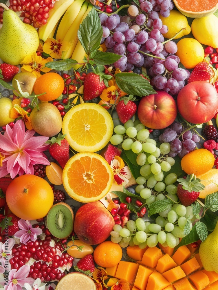 A stunning display of fresh fruits and vibrant flowers is artistically arranged on a wooden surface, showcasing nature's bounty. Generative AI A stunning display of fresh fruits and vibrant flowers is artistically arranged on a wooden surface, showcasing nature's bounty. Generative AI
