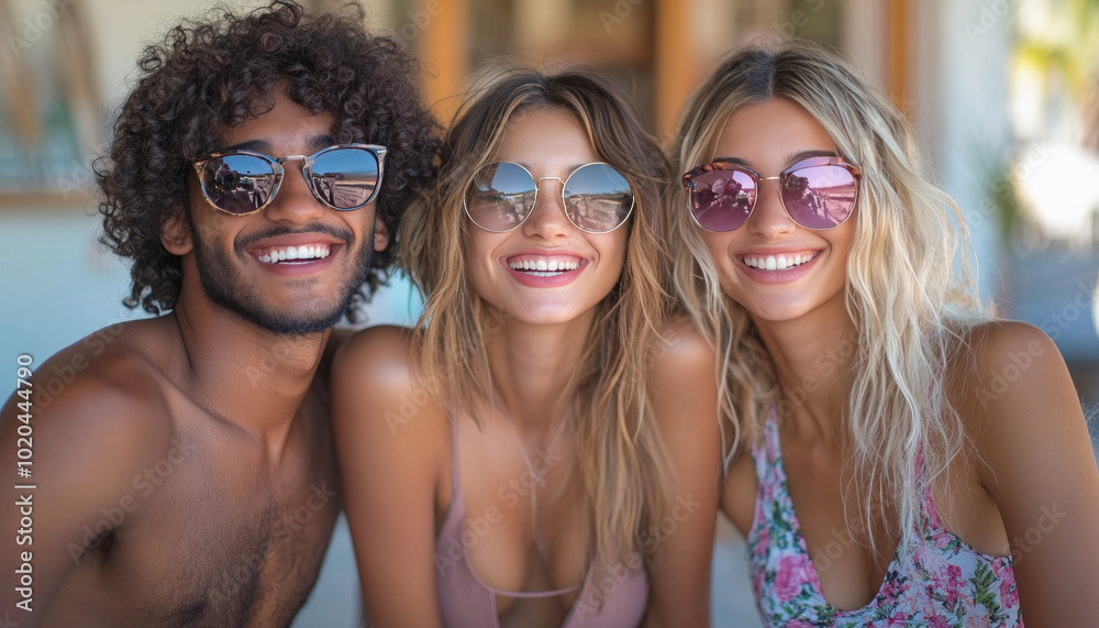 Three happy friends smiling and wearing sunglasses Three happy friends smiling and wearing sunglasses