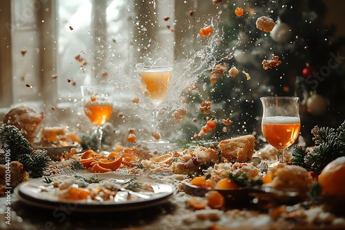Christmas dinner explosion scene with drinks, food and decorations