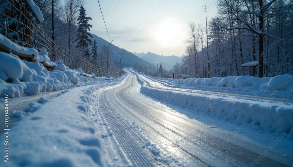 Snow-Covered Road with Trees and Fence Alongside Snow-Covered Road with Trees and Fence Alongside