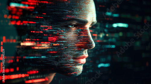 A portrait with digital red streaks and data-inspired accents flowing across the face, suggesting future and emotions. photo