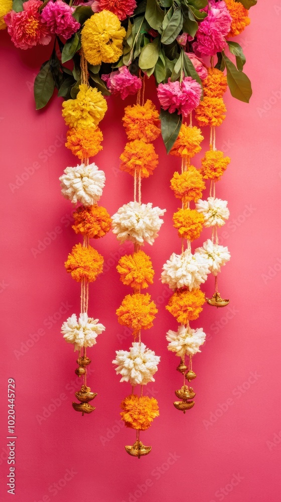 Traditional toran (door hanging) made of fresh flowers, resting on a vibrant pink backdrop with gentle light reflections, copy space, happy Diwali background, traditional, Indian festival. Traditional toran (door hanging) made of fresh flowers, resting on a vibrant pink backdrop with gentle light reflections, copy space, happy Diwali background, traditional, Indian festival.