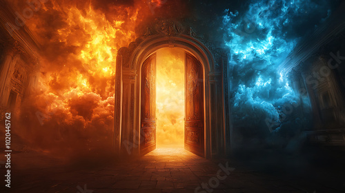 Heaven and Hell Gates Choice with Fiery and Celestial Contrast