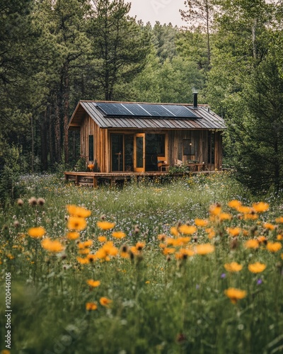 A rustic, solar-powered cabin nestled in a forest clearing, surrounded by trees and wildflowers, offering an eco-conscious retreat for sustainable travelers looking to reconnect with nature