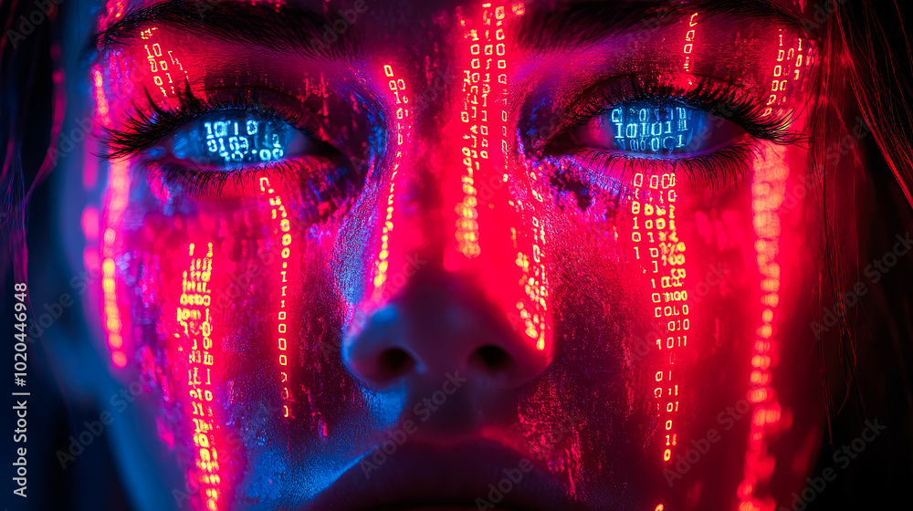 A face framed by neon binary streams, symbolizing deep connections between digital data and human expression in a vivid manner. A face framed by neon binary streams, symbolizing deep connections between digital data and human expression in a vivid manner.