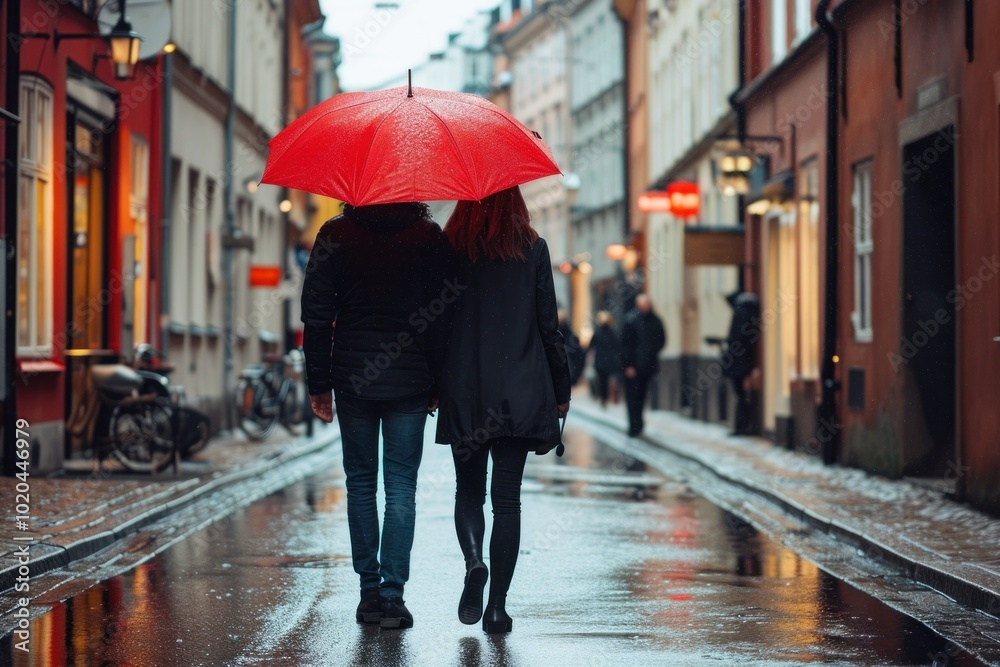 Obraz premium people walk under an umbrella in the rain down the old street