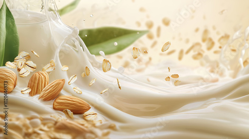 Almonds, oats, and green leaves float amidst the soy milk swirling in soft, highlighting natural, healthy ingredients in soft, warm tones, ideal for promoting dairy alternatives and copy space.