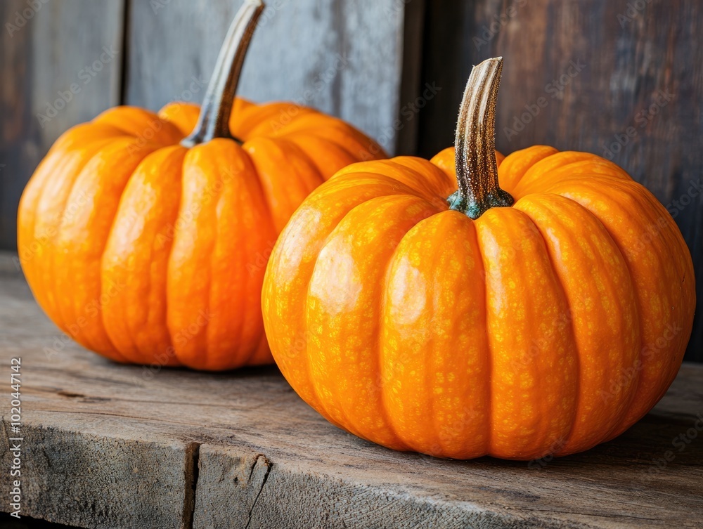 Autumn harvest decor with orange pumpkins on wooden surface Autumn harvest decor with orange pumpkins on wooden surface