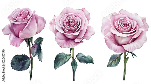 Elegant Watercolor Rose Set with Hand-Painted Pink Flowers on white background. photo