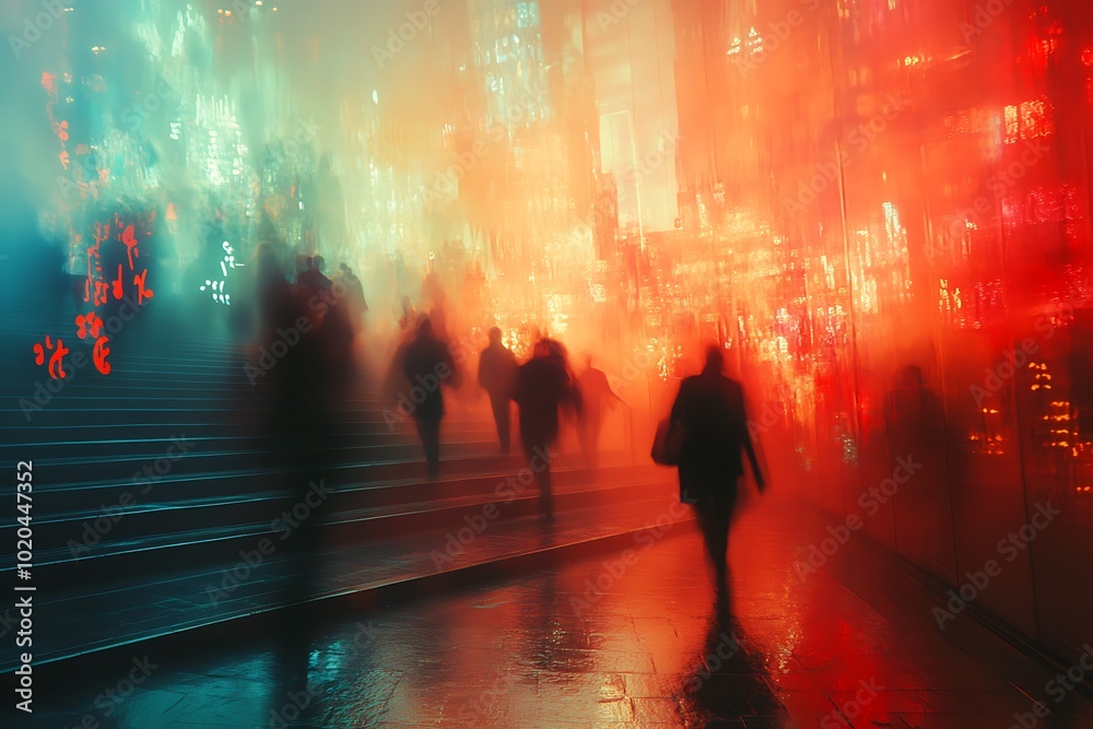 Obraz premium Silhouettes of people in a futuristic city with vibrant lights.