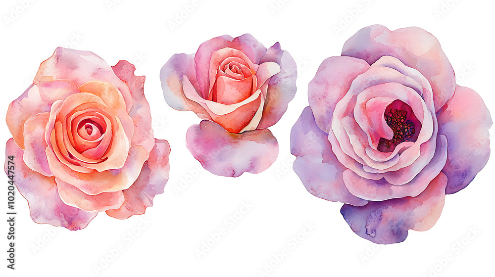 Elegant Watercolor Rose Set with Hand-Painted Pink Flowers on white background.