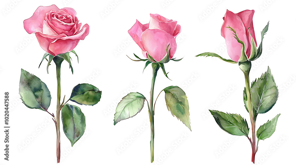 Fototapeta premium Elegant Watercolor Rose Set with Hand-Painted Pink Flowers on white background.