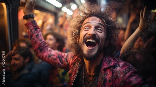 wide angle image of people happy in a bus party