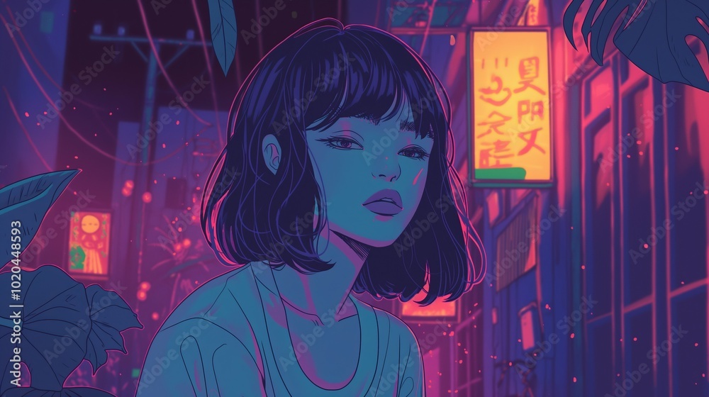 Young woman posing in a neon lit city at night Young woman posing in a neon lit city at night