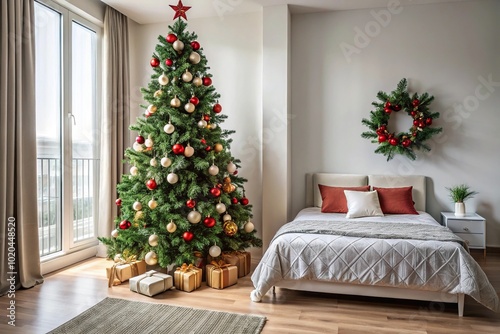 Festive Christmas tree with ornaments in a bedroom