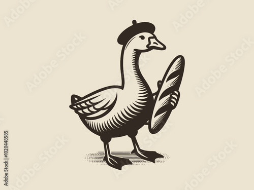 A goose in a beret holds a baguette in his hand. Vintage engraving vector illustration, emblem, logo, print