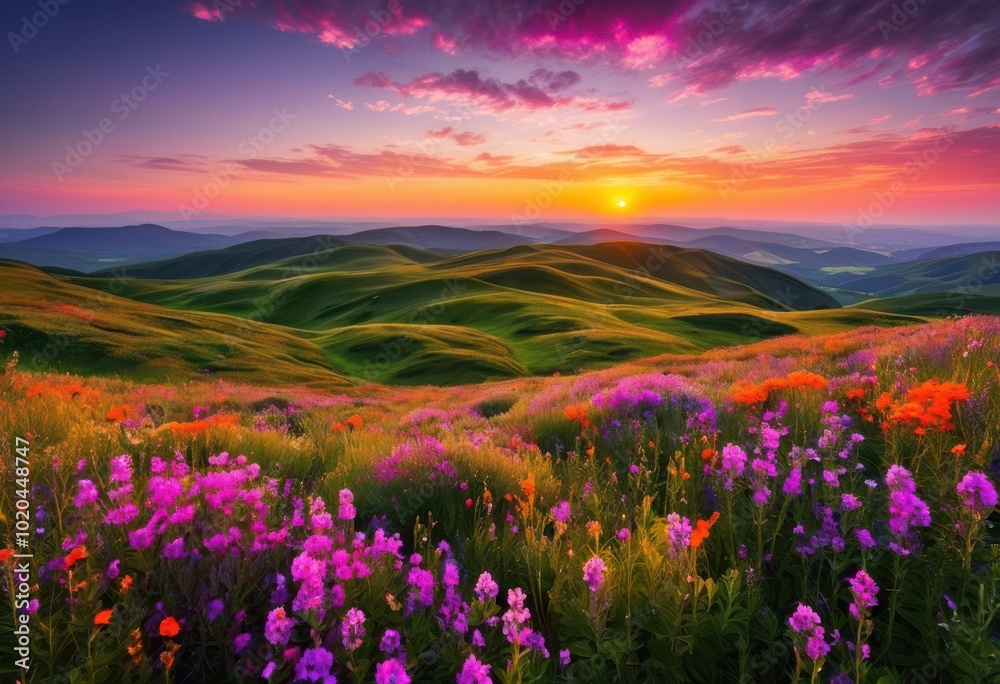 Fototapeta premium stunning sunrise over vibrant fields lush green rolling hills illuminated soft morning light, landscape, illumination, corn, flowers, grass, beauty, nature