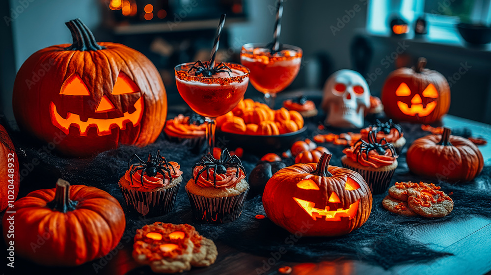 Halloween themed table with jack-o'-lanterns, spooky treats, and festive decor