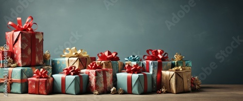 A Festive Collection of Wrapped Presents. Lots of Christmas gifts in colorful packaging