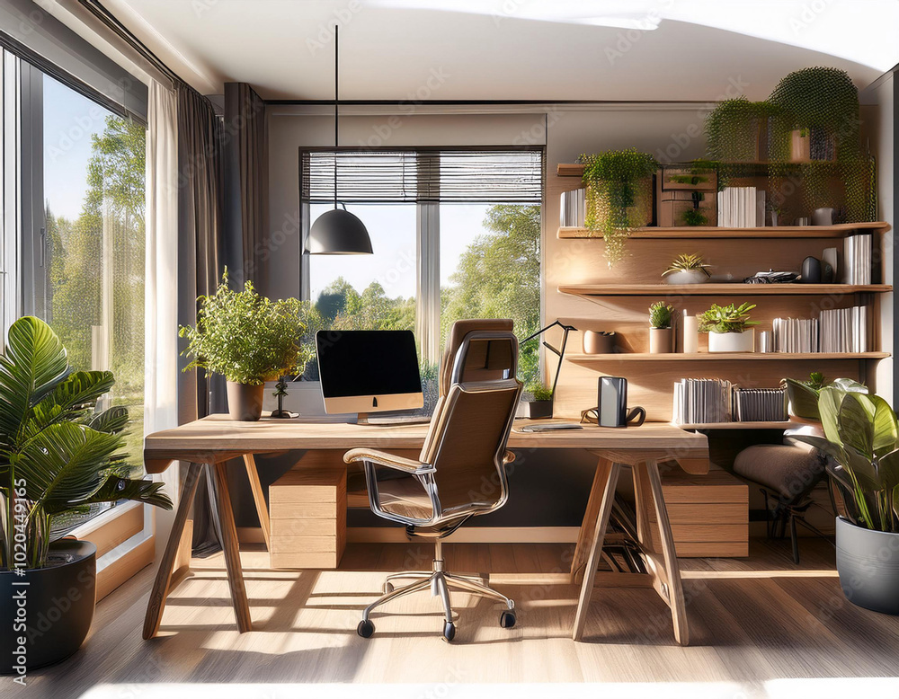 Fototapeta premium Close-Up Depiction of a Home Office Setup, Featuring Ergonomic Furniture, Productivity Tools, and Comfortable Work Environment