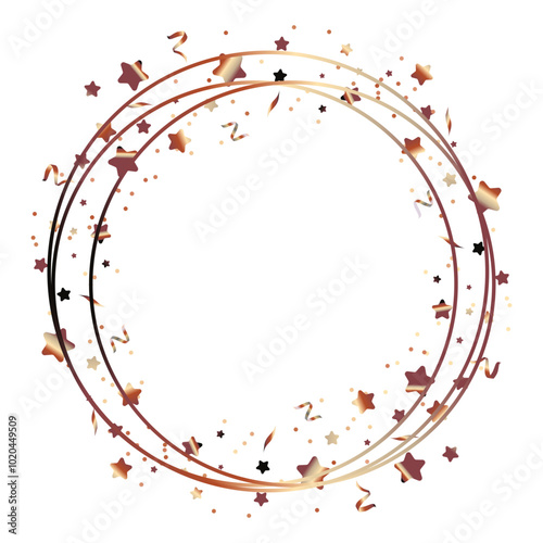 Shiny bronze gradient frame with confetti of dots and stars. Golden glitter border for birthday or other party invitaions and banners