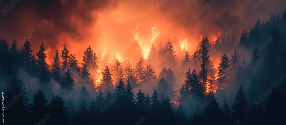 A forest fire rages behind a thick wall of smoke, casting an eerie orange glow on the trees. A forest fire rages behind a thick wall of smoke, casting an eerie orange glow on the trees.