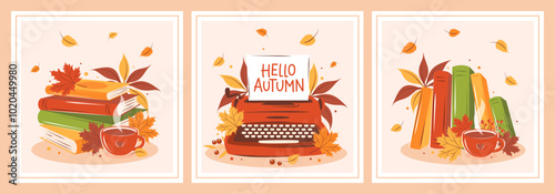 Books with autumn bright leaves. Set of layout design for bookshop, library, bookstore, festival or education. Vector illustration
