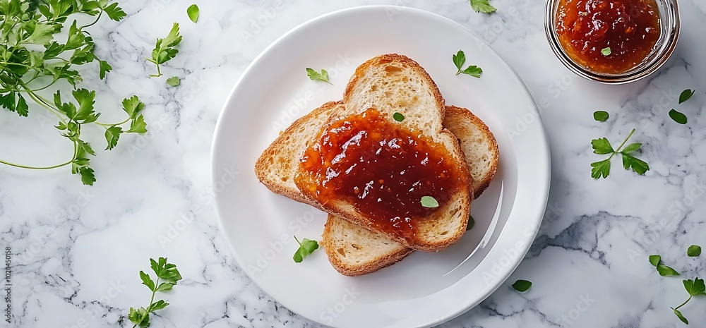 Toasted bread topped with orange marmalade on a white plate. Toasted bread topped with orange marmalade on a white plate.