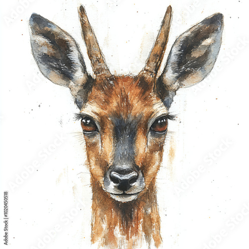 A watercolor painting of a young deer with large ears, looking directly at the viewer.