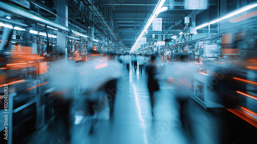 A blurred view of a crowded factory floor, where workers are indistinguishable from the machinery they operate. The oppressive lighting and faint outlines suggest the illegal, expl