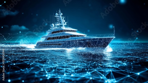 Futuristic Yacht and Digital Sea. Innovation in Shipbuilding. Modern Navigation 3D Rendering.