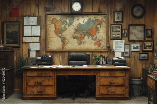 A wooden desk with a leather chair sits in front of a world map in an office with wood paneling, vintage decor, and plants.