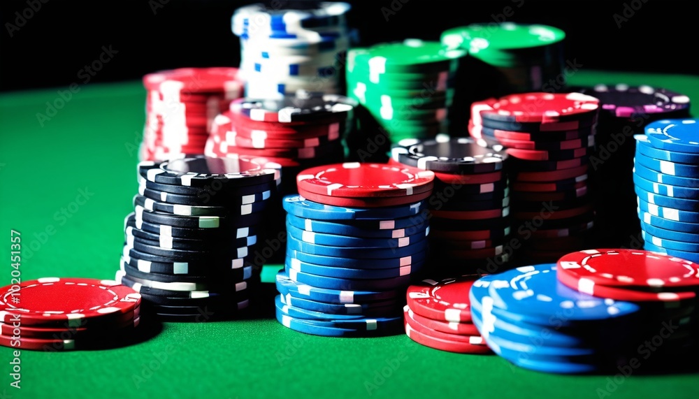 A focused image of poker chips stacked and ready for play on a casino table, emphasizing the strategic nature of gambling and the excitement of placing bets, Generative AI A focused image of poker chips stacked and ready for play on a casino table, emphasizing the strategic nature of gambling and the excitement of placing bets, Generative AI