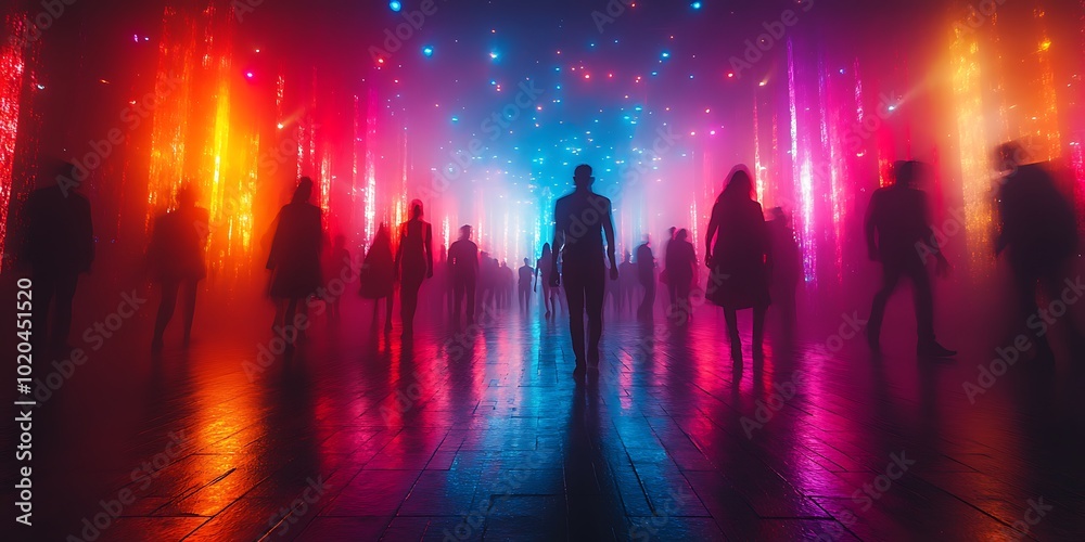 Silhouettes of people at a vibrant futuristic light show event. Silhouettes of people at a vibrant futuristic light show event.