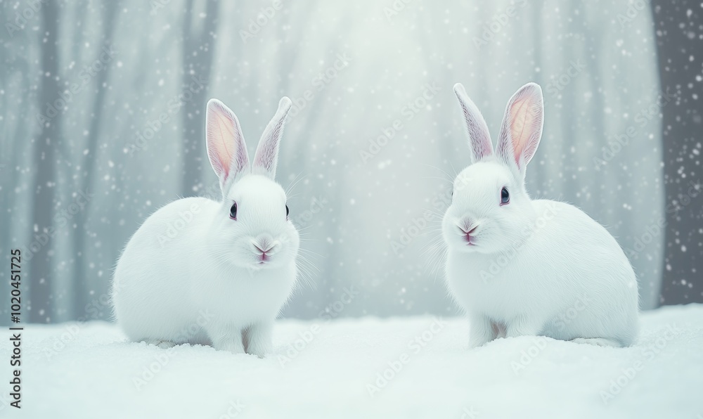 Two cute white rabbits in the winter forest on the snow, with hares on a soft meadow. Photo of wildlife and nature in winter. Banner for cards, posters, and prints with copy space. Two cute white rabbits in the winter forest on the snow, with hares on a soft meadow. Photo of wildlife and nature in winter. Banner for cards, posters, and prints with copy space.