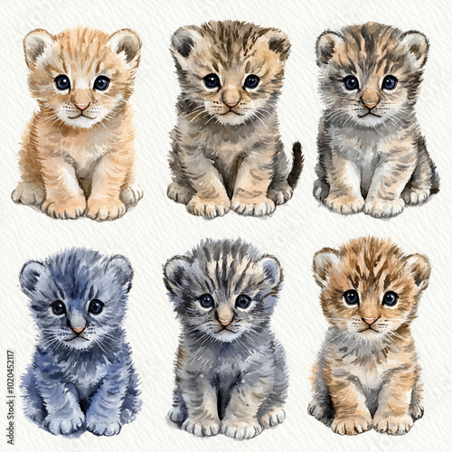 Six adorable watercolor illustrations of baby lion cubs.