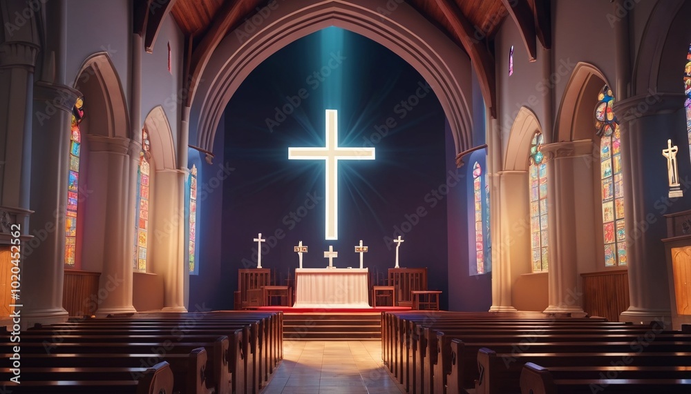 An inspiring illustration of a church with a cross, radiating light ...