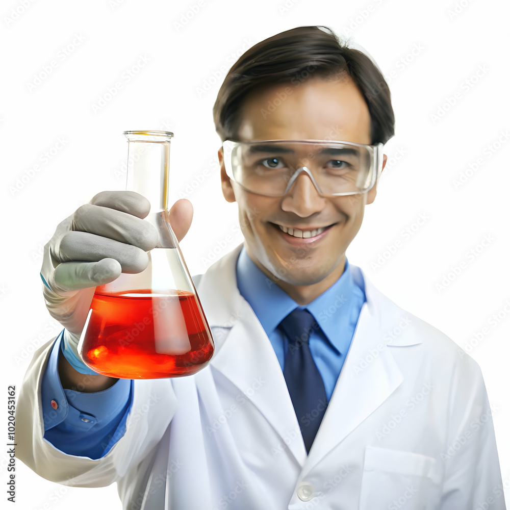 A scientist carefully holds a beaker with purple liquid. A scientist carefully holds a beaker with purple liquid.