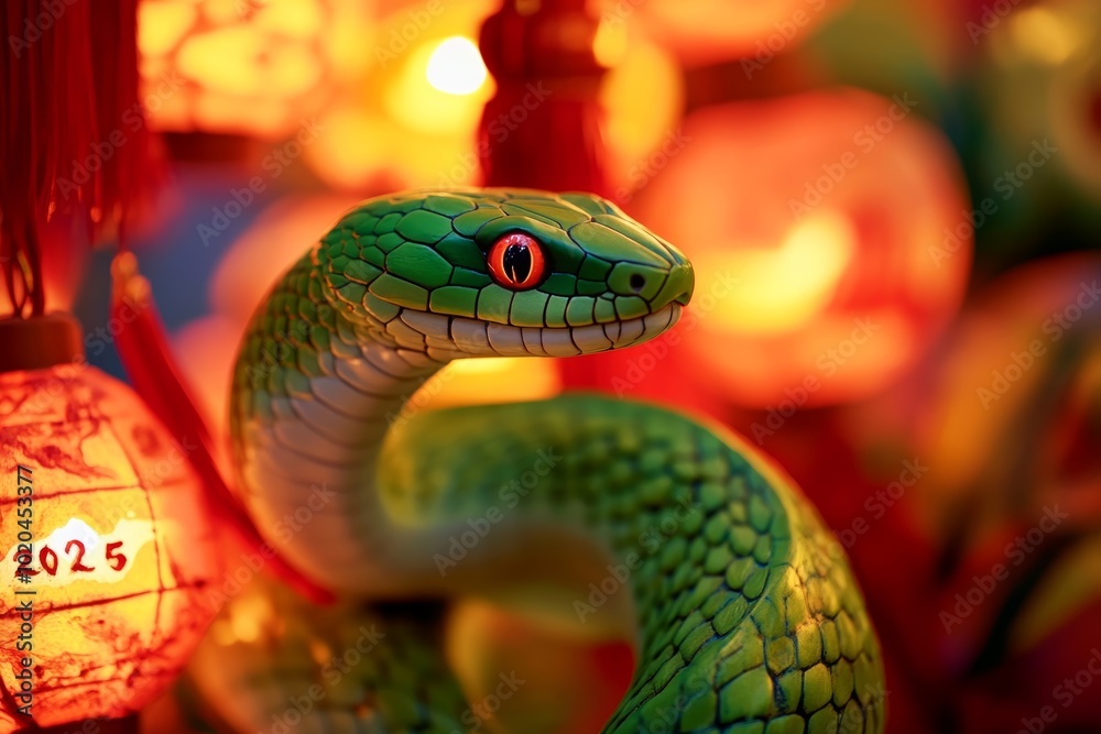 Green snake Amid Lanterns and Red Decorations, 2025. Green snake Amid Lanterns and Red Decorations, 2025.