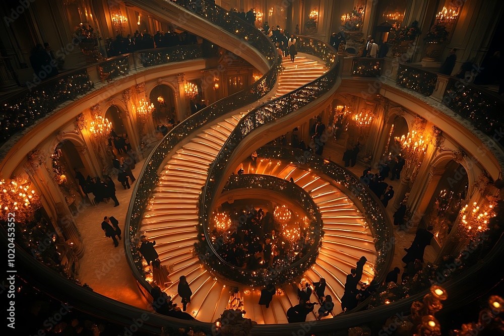 Obraz premium A grand spiral staircase illuminated by warm lights, bustling with elegantly dressed people.