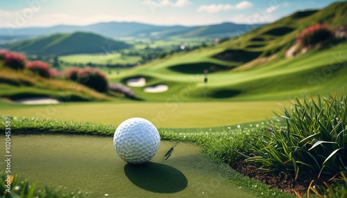 A breathtaking golf banner with a golf ball on a tee, capturing the essence of a perfect day on the course amidst rolling green hills and vibrant flora, Generative AI